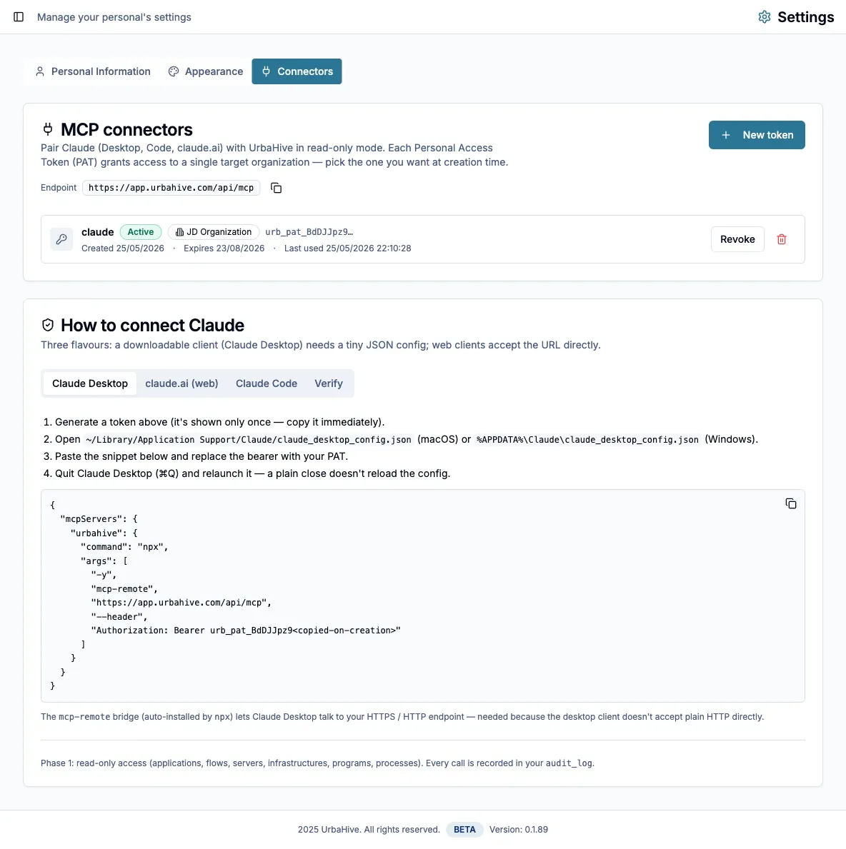 UrbaHive MCP connectors management screen: access tokens and Claude configuration